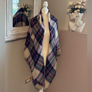 Women’s Plaid Blanket Scarf Winter Fall purple green blue and Cream Cozy Style